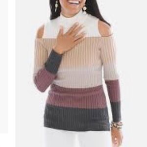NWT Chicos Stripped Lurex Shine Cold Shoulder Back Zip Sweater Multicolor Sz 2